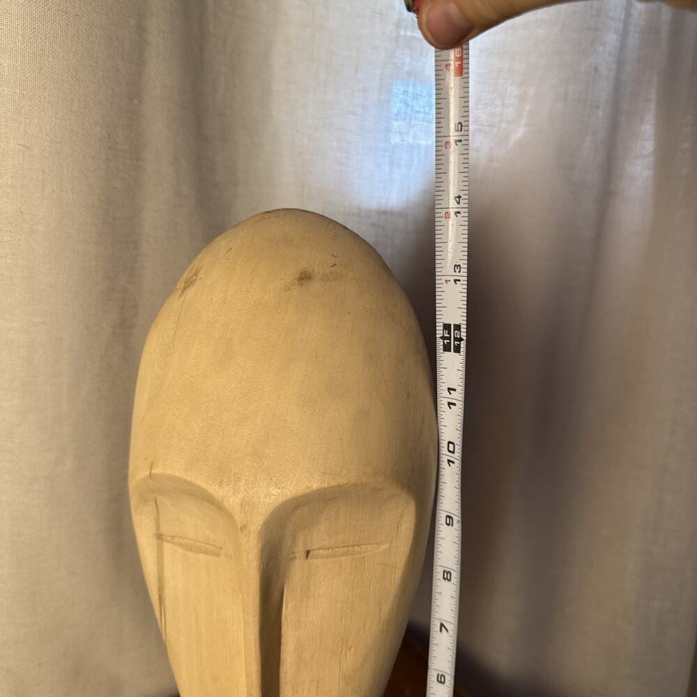 Vtg Hand Carved Wood Mask Head Mask Decor Stone Stand Art Sculpture Statue 14” - Picture 14 of 16